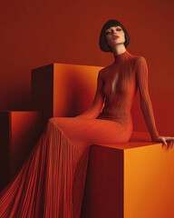 Fashion magazine concept. Arty portrait of beautiful female model wearing scarlet designer dress, sitting on orange cube. Haute couture style. Classic retro, vintage. Studio shot