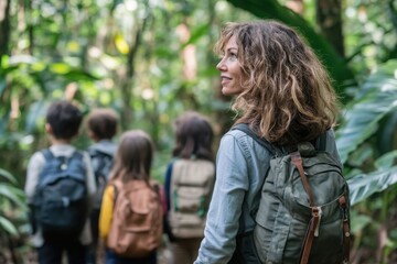 a group of people walking through a forest