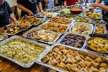 Fototapeta premium Vibrant buffet with diverse dishes showcasing global cuisine and culinary diversity