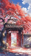 Fototapeta premium Chinese courtyard with red gate and cherry blossom tree