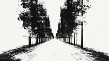 Abstract black and white image of a road lined with trees