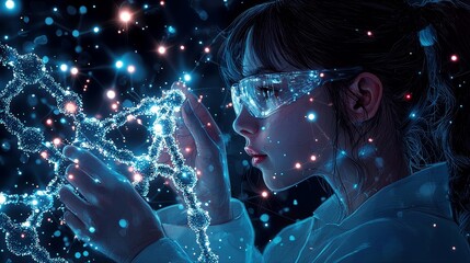A scientist wearing goggles studies illuminated DNA strands in a high-tech lab, representing innovation and the intersection of science and technology.