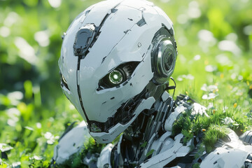 Fototapeta premium A robot with green eyes and a white helmet is standing in a field of grass