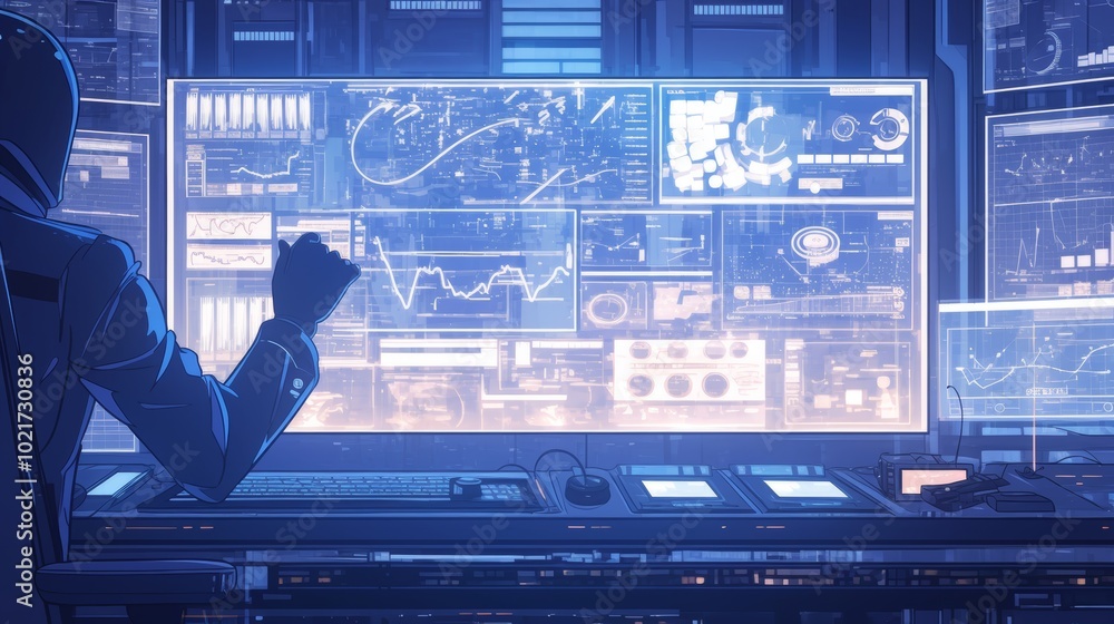 Poster in a futuristic control room full of screens and technology, an engineer monitors data analytics, em