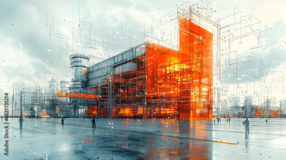 Poster a futuristic industrial structure dominates the landscape, layered with digital network patterns, sh
