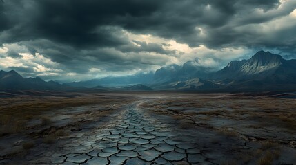 A vast, cracked desert under an ominous sky, symbolizing the global dystopian future of climate change and environmental decay