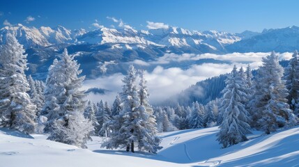 Fototapeta premium Snow-covered landscape featuring mountains, frosted evergreen trees blanketed in white, serene winter scene evoking peaceful holiday vibes, vibrant blue sky enhances festive atmosphere, copy space.