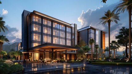 Modern Hotel Facade at Dusk