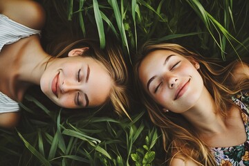 two girls laying in the grass with their eyes closed