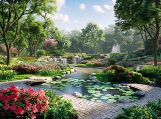 Fototapeta na wymiar Beautiful Garden Landscape Illustration with Waterfalls