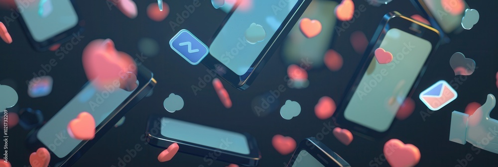 Poster multiple smartphones with interactive social media icons float in a colorful space, showcasing likes