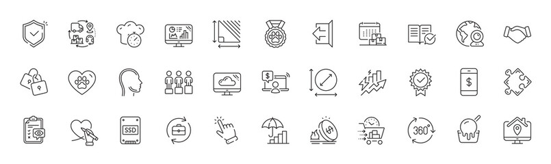 Food delivery, Head and Pets care line icons. Pack of Ice cream, Sign out, Video conference icon. Cooking timer, Consumption growth, Gas price pictogram. Eye checklist, Work home. Line icons. Vector