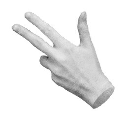 Counting and showing three 3 fingers, hand sign. Halftone style vector isolated on white background.