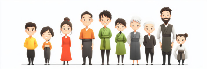 A diverse family of 9 people, each wearing traditional East Asian clothing.