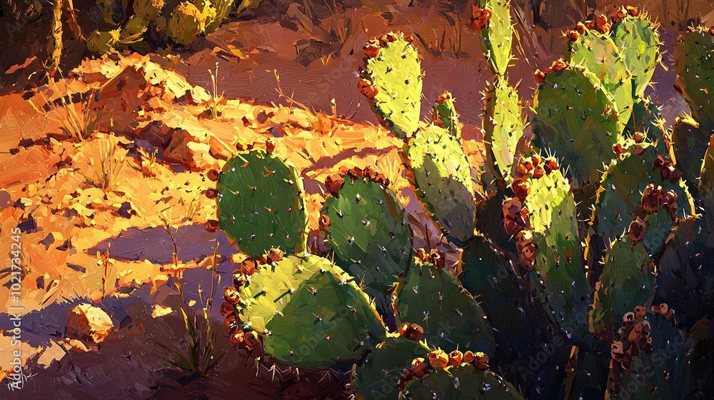 Wall mural a cactus in the desert with yellow and green leaves in the foreground on a brown background