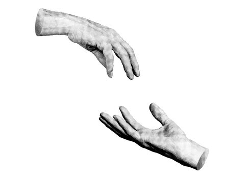 Two hands reaching to each other for love, unity, help, fingers stretching out. Halftone style vector isolated on white background.