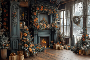 Obraz premium Luksusowy, świąteczny salon z kominkiem, choinkami i bogatymi dekoracjami z pomarańczowymi ozdobami, tworzący ciepłą, elegancką atmosferę.