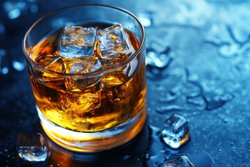 Close-Up View of Whiskey Glass with Ice Cubes
