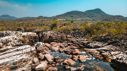 Travessia Natureza Chapada Veadeiros Cerrado Rio Preto Cachoeira Caminhada Trekking Paisagem Seca...