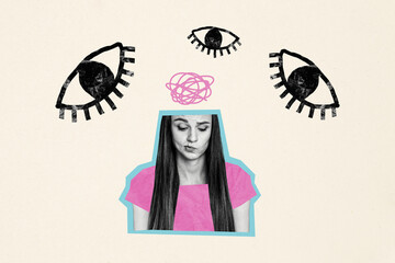 Collage picture young thoughtful unsure woman think drawing doodles mind espionage control...