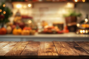 a wooden table top in front of a kitchen counter
