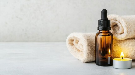 A calming spa setting featuring an amber dropper bottle, soft towels, and a lit candle, ideal for relaxation and self-care rituals.