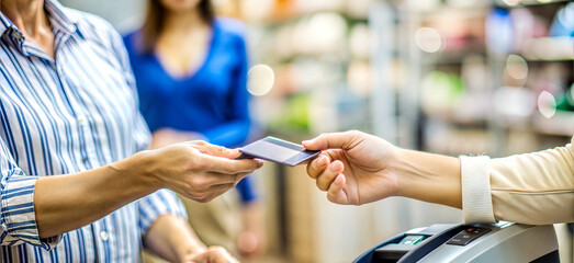 card transaction at retail checkout with cashier, shopping, Christmas, New Year, Black Friday