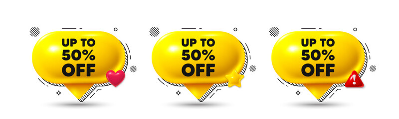 Chat speech bubble 3d icons. Up to 50 percent off sale. Discount offer price sign. Special offer symbol. Save 50 percentages. Discount tag chat offer. Speech bubble banners. Text box balloon. Vector