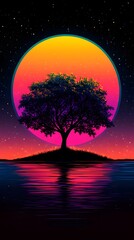 Neon Art, Tree, Sunset, Nature, Abstract Image, Texture, Pattern Background, Wallpaper, Smartphone Cover and Screen, PC, Laptop, 9:16 and 16:9 Format