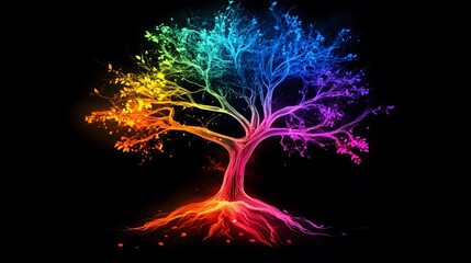 Fototapeta premium Neon Art, Tree, Sunset, Nature, Abstract Image, Texture, Pattern Background, Wallpaper, Smartphone Cover and Screen, PC, Laptop, 9:16 and 16:9 Format