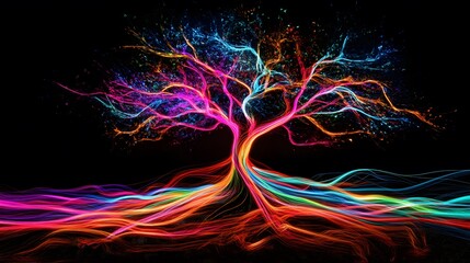 Fototapeta premium Neon Art, Tree, Sunset, Nature, Abstract Image, Texture, Pattern Background, Wallpaper, Smartphone Cover and Screen, PC, Laptop, 9:16 and 16:9 Format