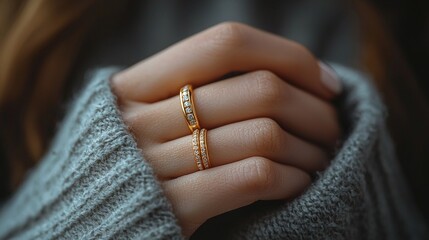   A close-up of a person's hand adorned with a golden ring featuring a line of diamonds on the band