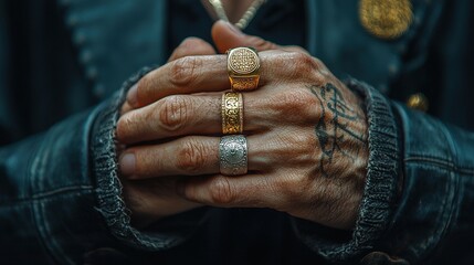   A close-up of a person's hands wearing three rings and displaying a tattoo on their arm