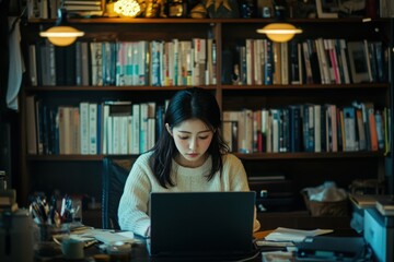 a woman sitting in front of a laptop computer