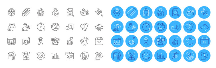 Annual calendar, Support consultant and Translation service line icons pack. Survey results, Packing boxes, Security confirmed web icon. Clipboard, Group, Friendship pictogram. Engineer. Vector