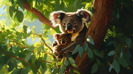 Obraz premium Koala mother and baby in a tree, surrounded by lush green leaves.