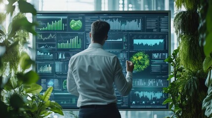 A businessman analyzing carbon data on a modern interface, focusing on innovative solutions for climate change and sustainability