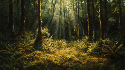Obraz premium A sunbeam pierces through the dense forest, highlighting ferns and trees in the foreground of this captivating painting