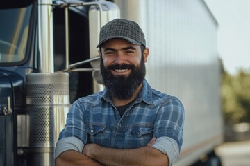 a man with a beard standing in front of a truck