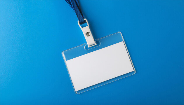 Blank office badge, empty name tag on bright blue backdrop. Mock-up.