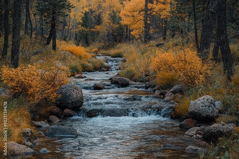 Poster a small stream flows through a forest with yellow leaves in the fall.