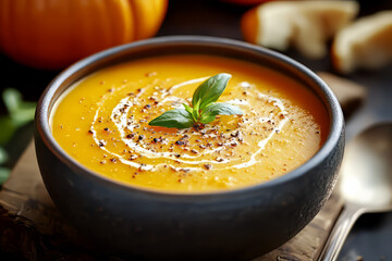 Close-up of a bowl of creamy pumpkin soup garnished with pepper, cream, and fresh herbs. 