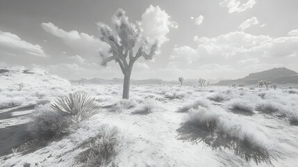 Desert Landscape with Joshua Tree, Black and White Illustration