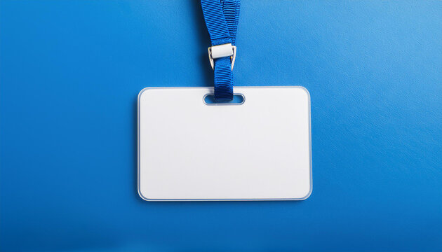 Blank office badge, empty name tag on bright blue backdrop. Mock-up.