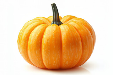 Obraz premium Bright orange pumpkin with a glossy texture and a slightly curved dark green stem, placed on a plain white background. 