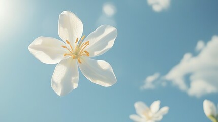 Fototapeta premium Close-up of a white flower against a blue sky and white clouds in the background