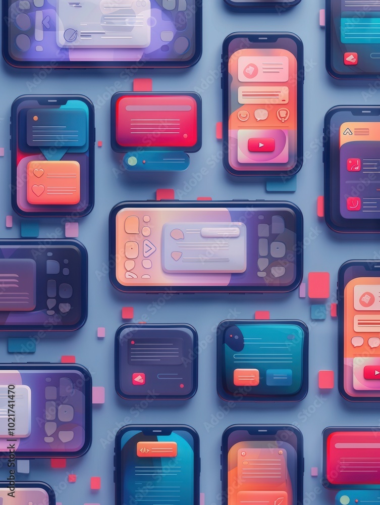 Aufkleber multiple smartphone screens showcase various stories and short videos, creating a colorful digital c