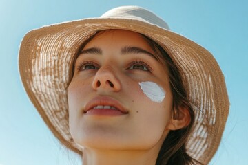 a woman wearing a straw hat with a white patch on her cheek