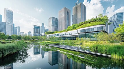 A cityscape showcasing eco-friendly office complexes with green roofs and solar energy, reflecting sustainable urban growth