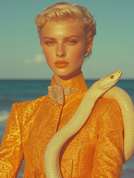 Fashion magazine concept. Arty portrait of beautiful female model wearing yellow designer dress, posing on blue sky and sea background with white snake. Haute couture style. Classic retro, vintage
